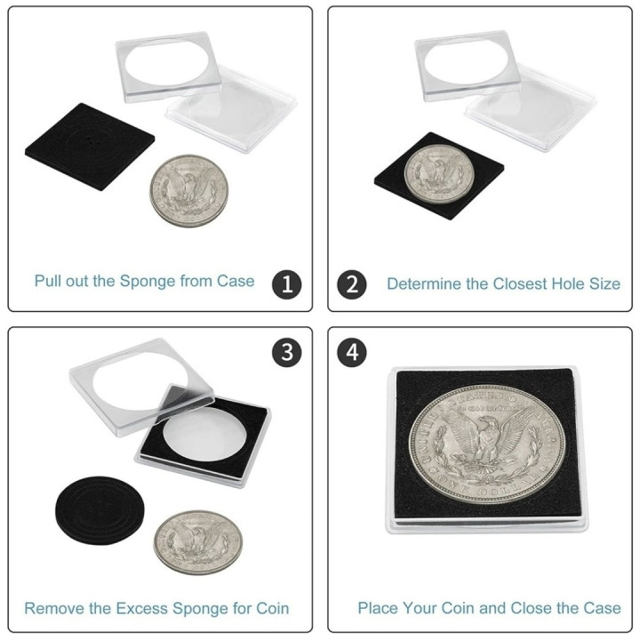 5 x Clear Square Silver Coin Capsules Holder with 5 Size Adjustable Gasket